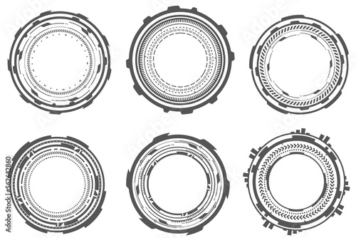 HUD futuristic elements. Abstract optical aim. Circle geometric shapes for virtual interface and games. Camera viewfinder for sniper weapon. Vector set
