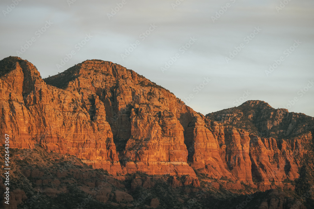 Tight shot zoomed in photograph of red rock in Sedona Arizona Yapapai County American Southwest showing detail of the red rock.