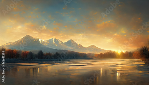 sunrise over the mountains with a lake with soft light