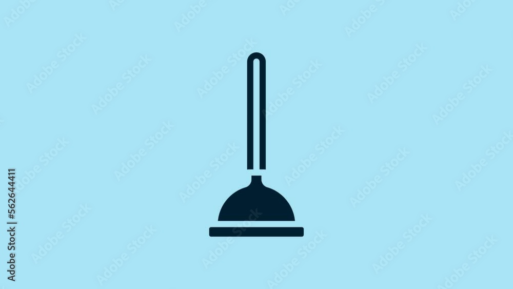 Blue Rubber plunger with wooden handle for pipe cleaning icon isolated on blue background. Toilet plunger. 4K Video motion graphic animation Blue Rubber plunger with wooden handle for pipe cleaning icon isolated on blue background. Toilet plunger. 4K Video motion graphic animation
