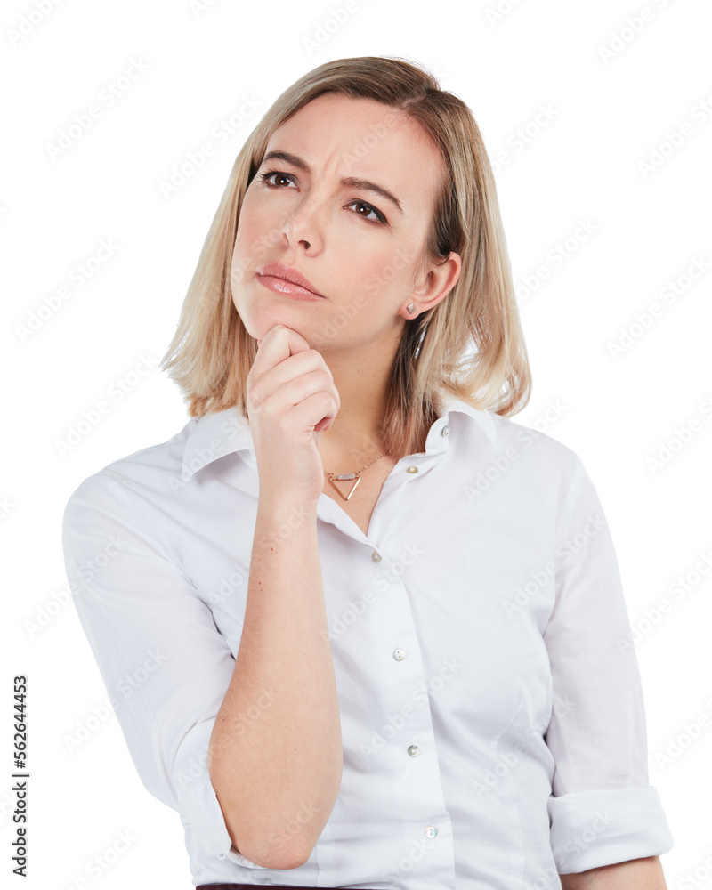 Focus, business and woman thinking, decision and leader isolated on white studio background. Female employee, entrepreneur and manager with ideas, opportunity or mindset for company or corporate deal Focus, business and woman thinking, decision and leader isolated on white studio background. Female employee, entrepreneur and manager with ideas, opportunity or mindset for company or corporate deal