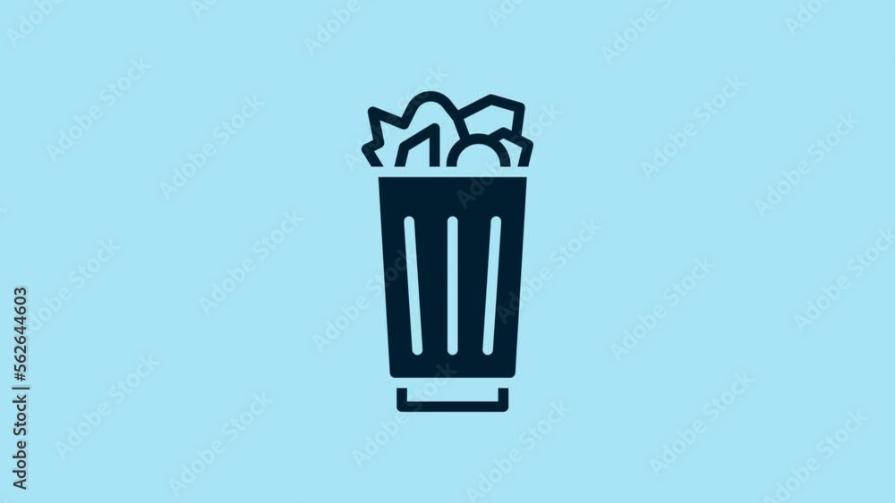Blue Full trash can icon isolated on blue background. Garbage bin sign. Recycle basket icon. Office trash icon. 4K Video motion graphic animation Blue Full trash can icon isolated on blue background. Garbage bin sign. Recycle basket icon. Office trash icon. 4K Video motion graphic animation