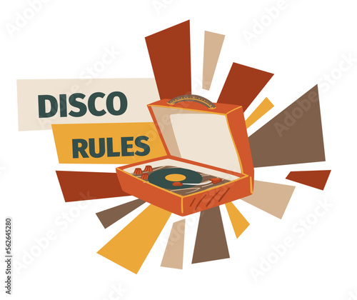 Disco rules, old vinyl record player device vector