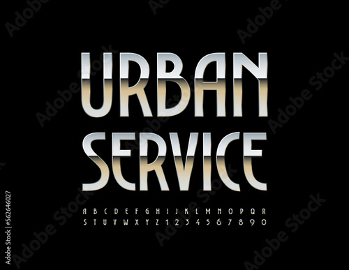 Vector industrial emblem Urban Service. Glossy elegant Font. Silver set of Alphabet Letters and Numbers