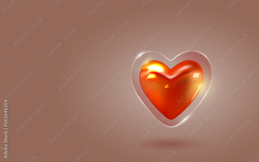 Shining red heart in glass heart. 3D object for festive design of Valentine's Day or Mother's Day. Realistic vector illustration. Decor for Valentines Day 