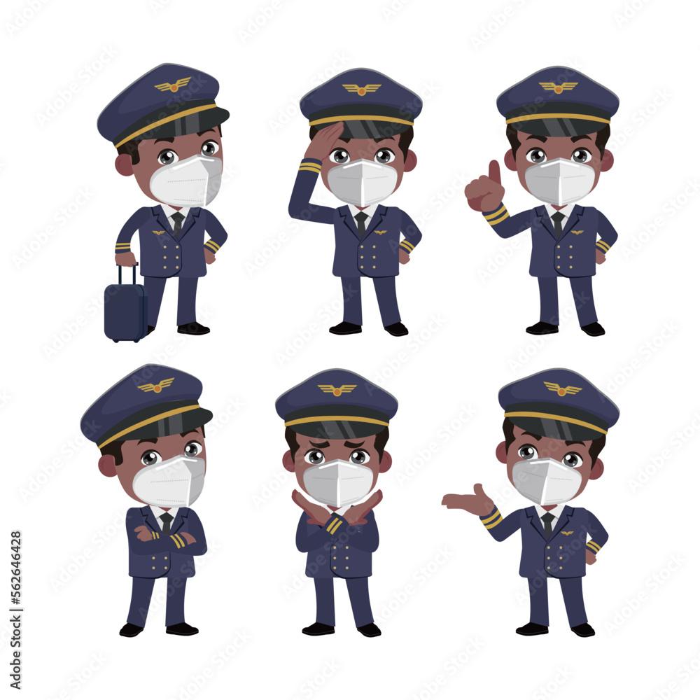 Airline pilot with different poses. vector