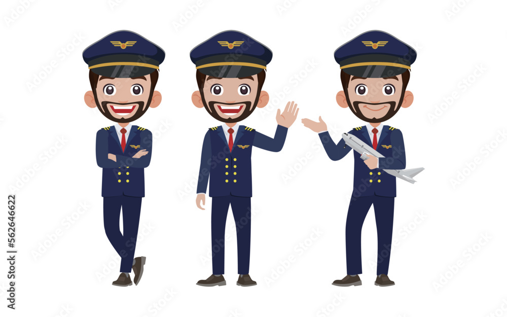 Airline pilot with different poses. vector