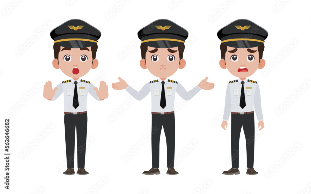 Airline pilot with different poses. vector