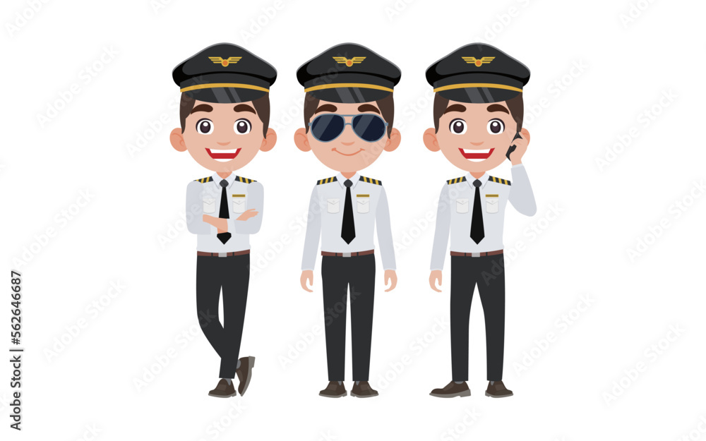 Airline pilot with different poses. vector