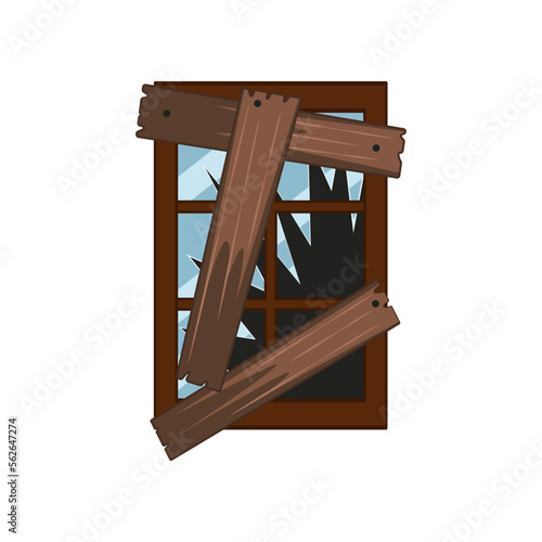 Smashed window covered by wooden boards vector illustration. Cartoon drawing of old window closed by planks from wood on white background. Damage, safety, security, furniture, protection concept