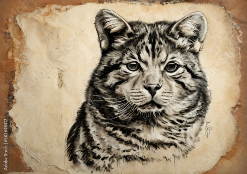 Parchment Art  drawing of a beautiful Cat - AI Generated