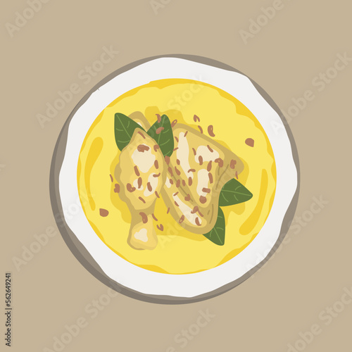 Food illustration, Chicken curry or masala,Kerala style chicken curry using fried coconut in traditional way and arranged in a black ceramic vessel which is placed on white bowl for poster design 
