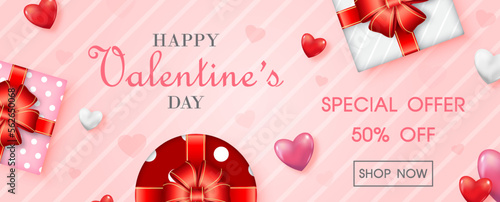 Gift box decoration of Valentine day's specials offer and shop banner with wording of sale' example texts on pink background.