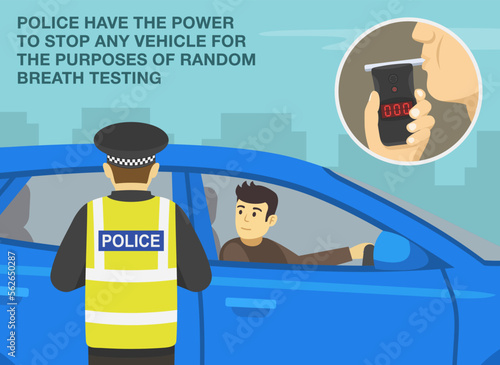 Roadside drug and alcohol testing. Traffic officer officer pulls over a blue car for the purpose of alcohol testing on a city road. Male driver looking at police officer. Flat vector illustration. 