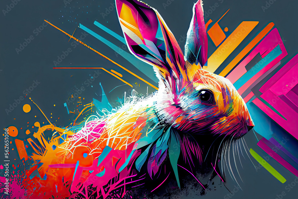 colorful rabbit is standing in front of a colorful background
