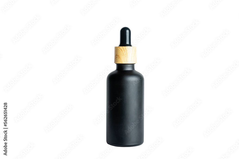 A dropper bottle with serum or gel isolated on white background. Beauty concept for face and body care. Skincare products, natural cosmetic. Black matte glass package A dropper bottle with serum or gel isolated on white background. Beauty concept for face and body care. Skincare products, natural cosmetic. Black matte glass package