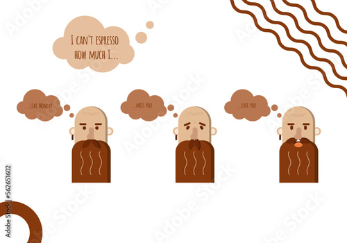 Barista face with different emotions. Set of male facial emotions. Bearded man character with various expressions. Vector illustration in geometric flat style. Barista head isolated graphic element.