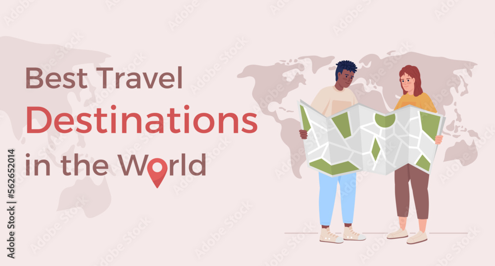 Best travel destinations in world flat vector banner template. Couple activity. Planning vacation poster, leaflet printable color designs. Editable flyer page with text space. Alexandria font used