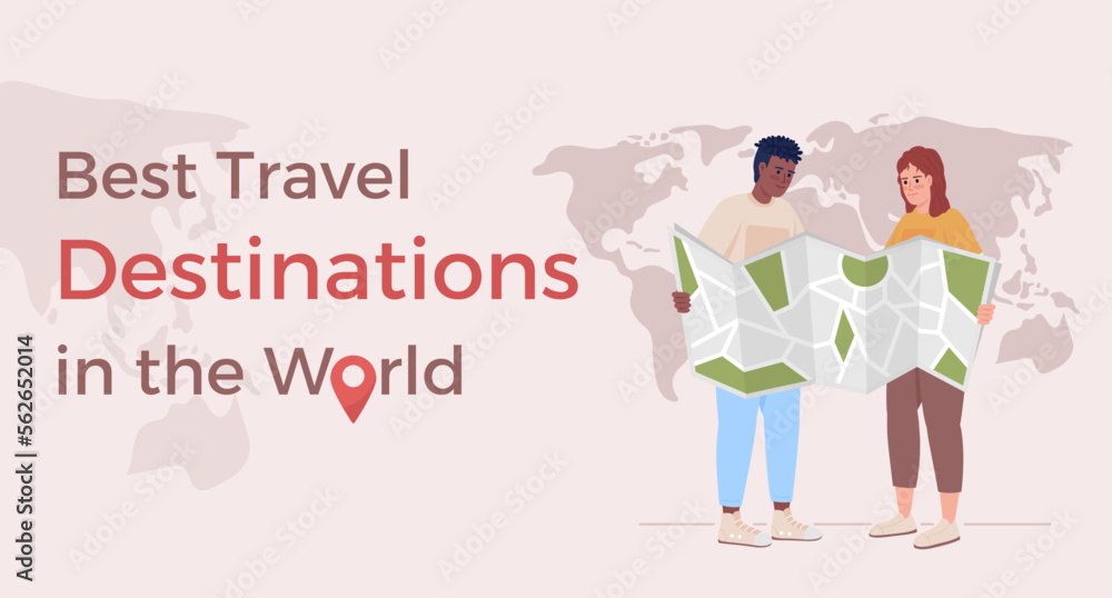 Best travel destinations in world flat vector banner template. Couple activity. Planning vacation poster, leaflet printable color designs. Editable flyer page with text space. Alexandria font used Best travel destinations in world flat vector banner template. Couple activity. Planning vacation poster, leaflet printable color designs. Editable flyer page with text space. Alexandria font used