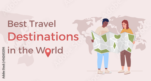 Best travel destinations in world flat vector banner template. Couple activity. Planning vacation poster, leaflet printable color designs. Editable flyer page with text space. Alexandria font used