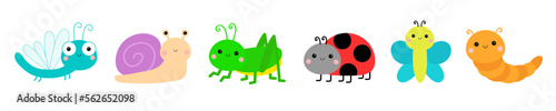 Insect set line. Grasshopper, dragonfly, snail, ladybug ladybird, butterfly, lady bug, caterpillar, catapillar.Cute cartoon funny kawaii baby animal character. Flat design. White background. Isolated.