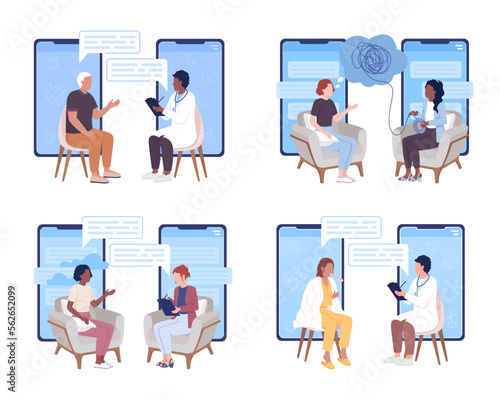 Online consultation flat concept vector illustrations set. Internet meeting with doctor. Editable 2D cartoon characters on white for web design. Creative ideas for website, mobile, presentation