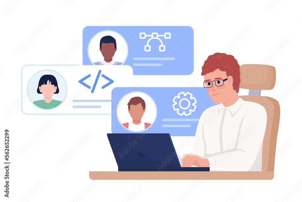 IT company HR manager searching for developers semi flat color vector character. Editable figure. Half body person on white. Simple cartoon style illustration for web graphic design and animation IT company HR manager searching for developers semi flat color vector character. Editable figure. Half body person on white. Simple cartoon style illustration for web graphic design and animation