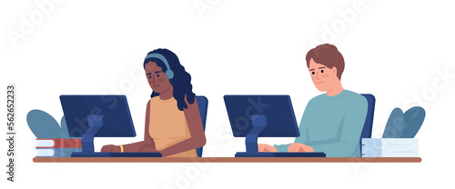 Young employees working on computers side by side semi flat color vector characters. Editable figures. Full body people on white. Simple cartoon style illustration for web graphic design and animation