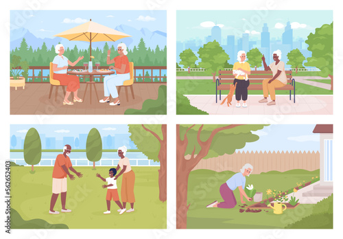 Seniors spending time outdoors flat color vector illustration set. Relaxing in park with friends, grandchildren. Fully editable 2D simple cartoon characters collection with landscape on background