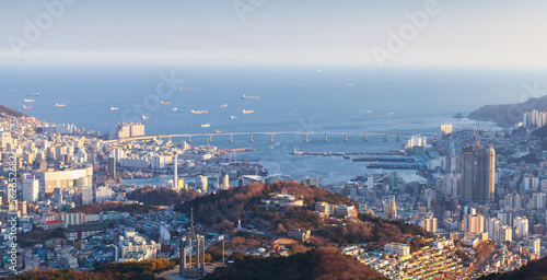 Aerial view with coastal buildings of Busan, South Korea