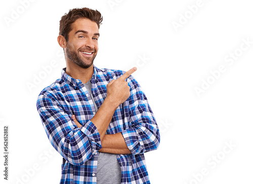 A Studio shot of a handsome man pointing to copyspace Isolated on a PNG background.