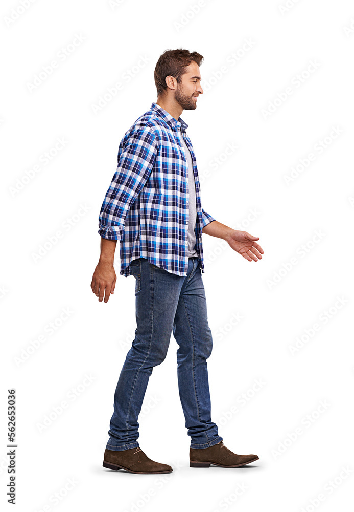 Studio shot of a man walking Isolated on a PNG background. Stock Photo