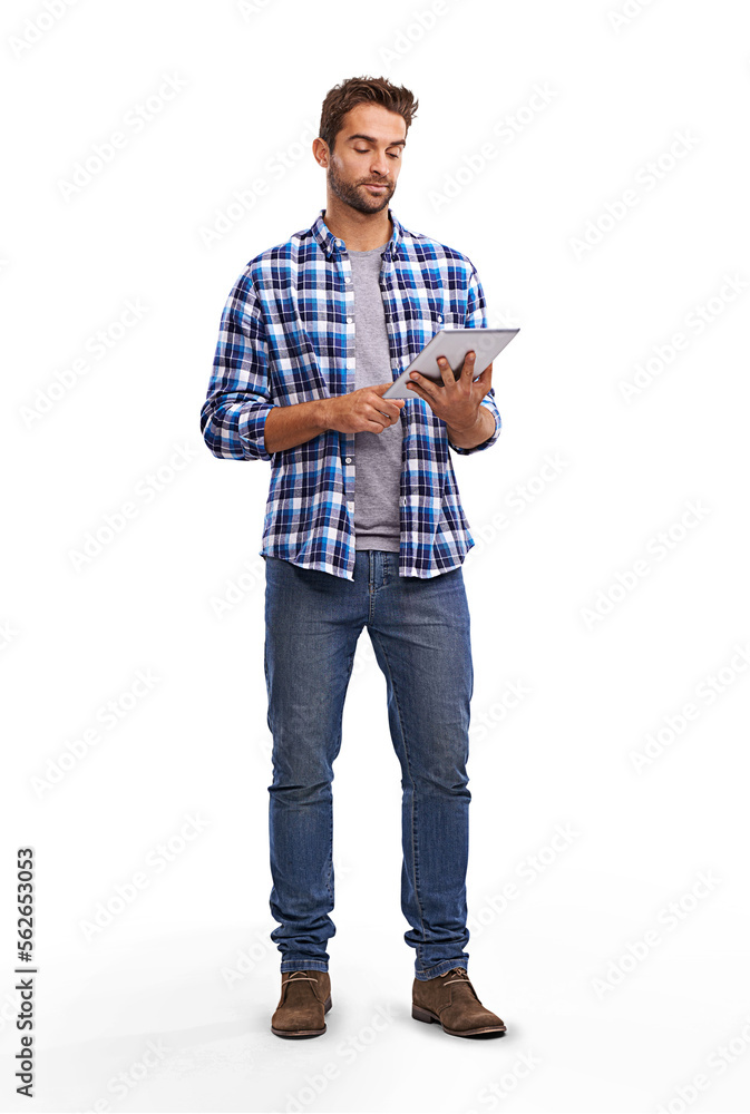 Studio shot of a handsome young man using a digital tablet Isolated on a PNG background. Studio shot of a handsome young man using a digital tablet Isolated on a PNG background.