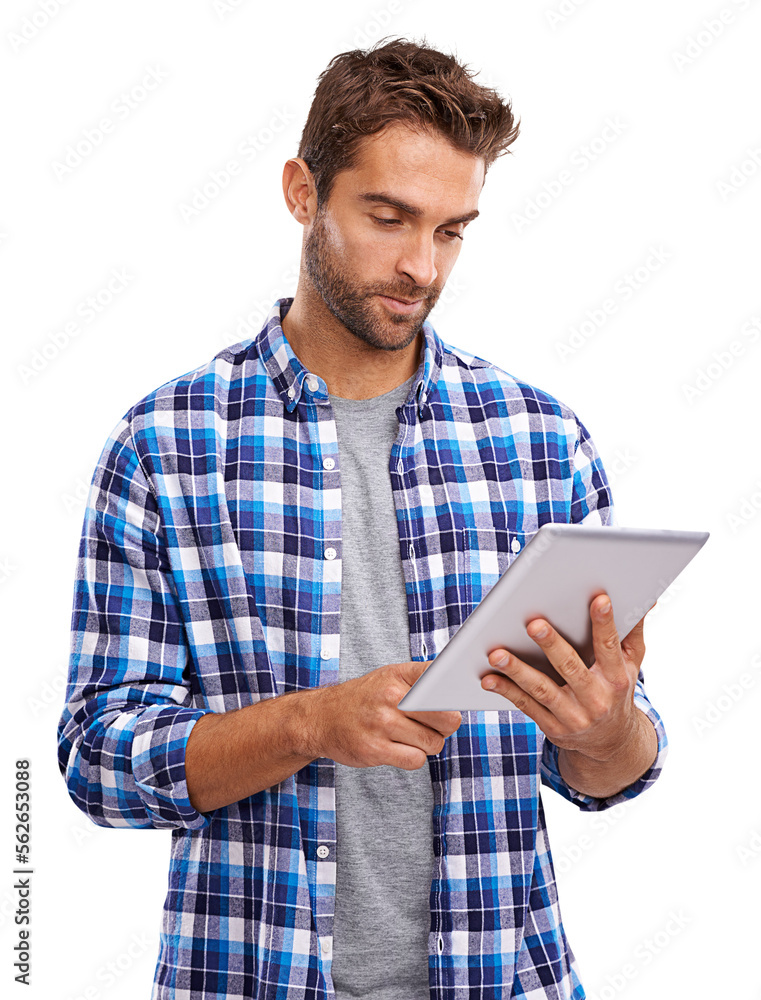 Studio shot of a handsome young man using a digital tablet Isolated on a PNG background. Studio shot of a handsome young man using a digital tablet Isolated on a PNG background.