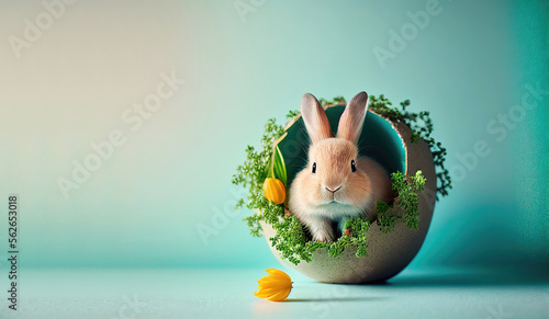 Cute baby rabbit as easter bunny sitting in easter egg as easter background wallpaper design (Generative AI)
