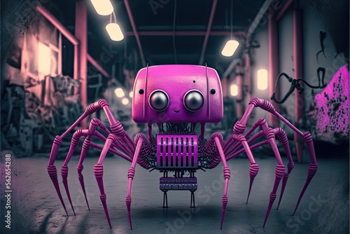 evil Mommy long legs pink spider inside a decaying toy factory, dangerous, horror, nightmare fuel, nightmare, darkness, dark, misty atmosphere, broken toys, destruction, strange glowing lights of desp photo
