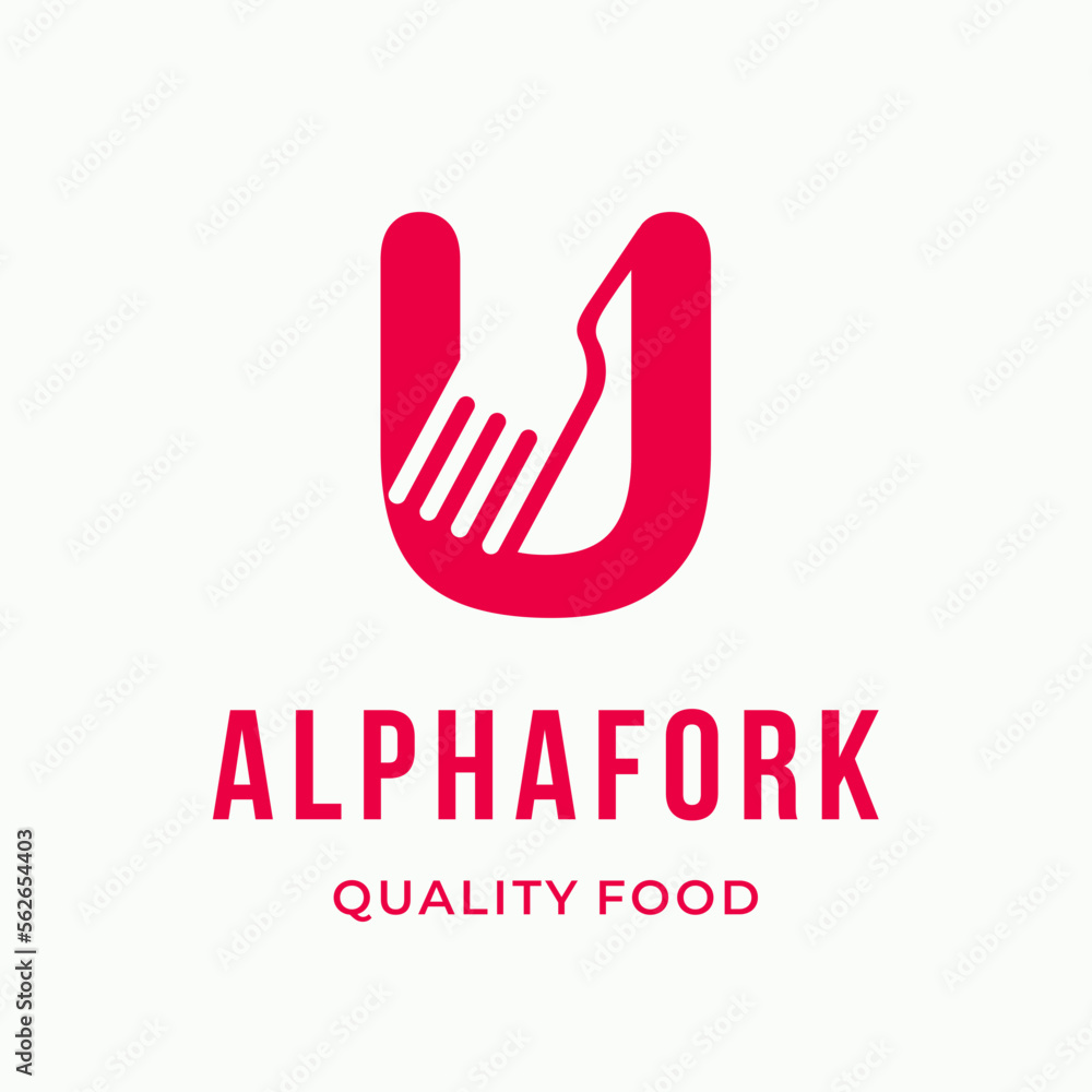 Obraz premium Abstract Fork culinary initial letter U typography custom logo design restaurant vector illustration