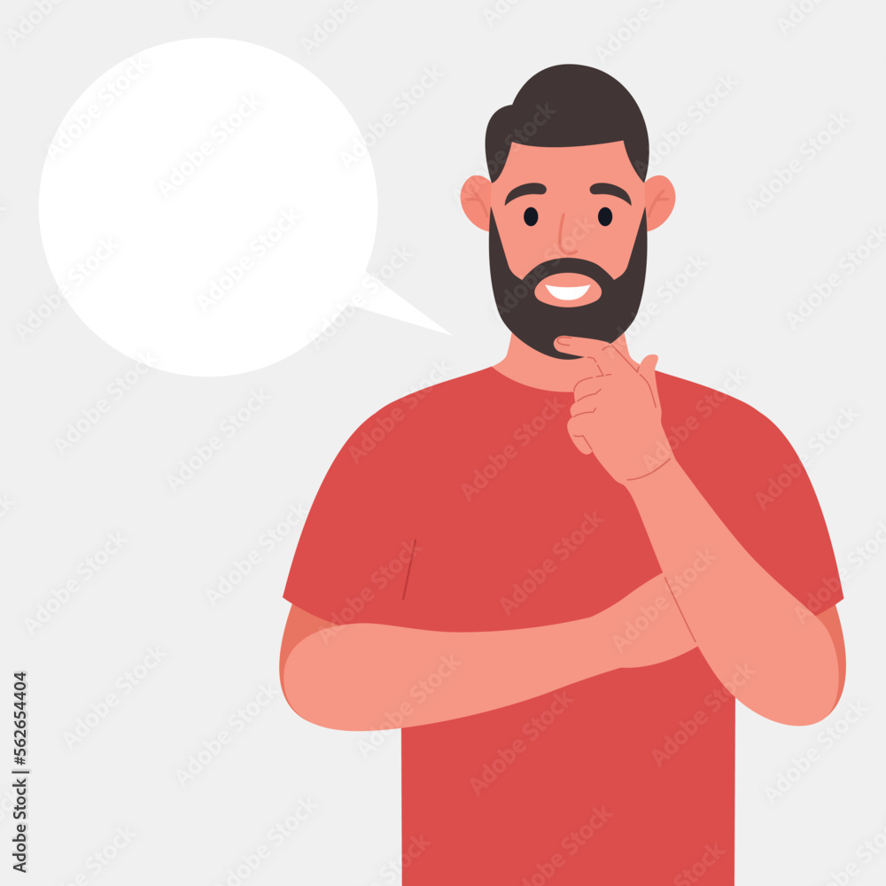 Bearded man thinks. Pondering on particular belief or idea, empty cloud bubble for text or image. Vector illustration. Bearded man thinks. Pondering on particular belief or idea, empty cloud bubble for text or image. Vector illustration.