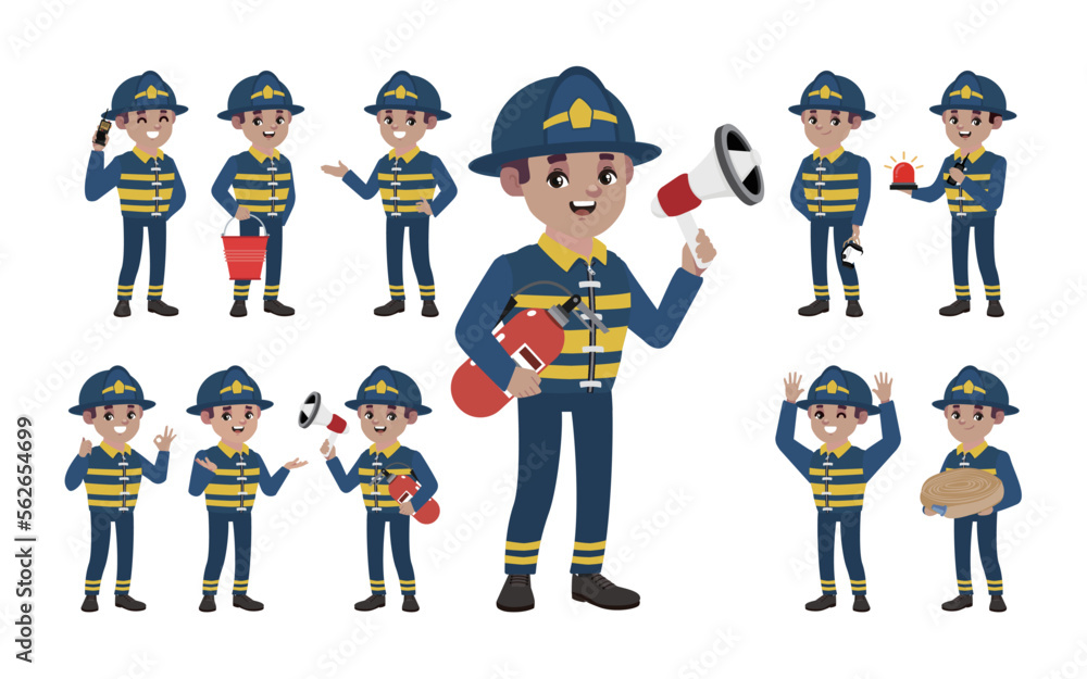Set of fireman with different poses Set of fireman with different poses