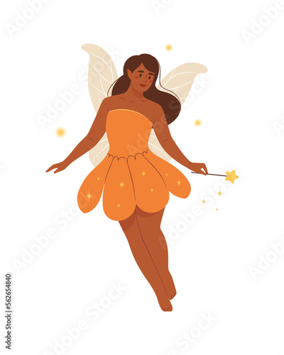 Fairy with a magic wand. Mythical fairy tale character. Flat vector illustration.