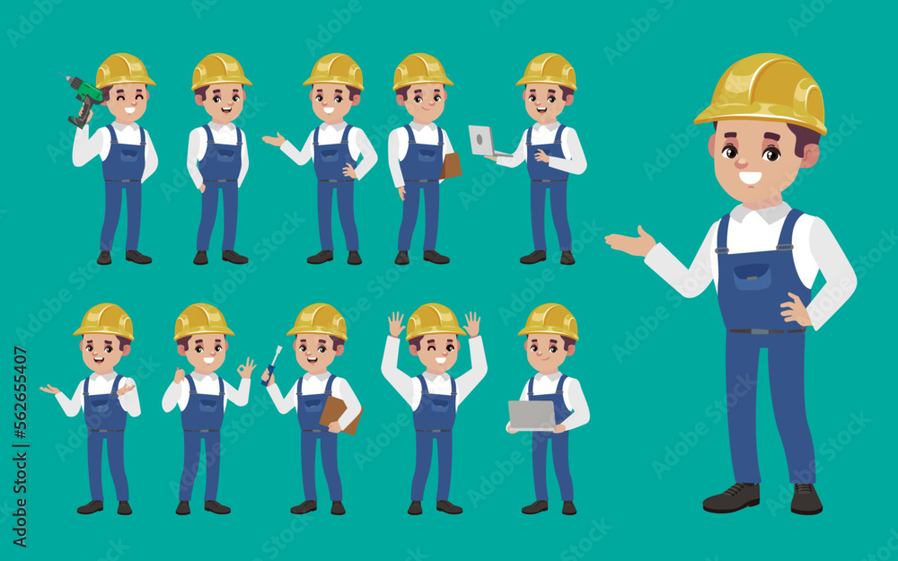 Set of worker with different poses