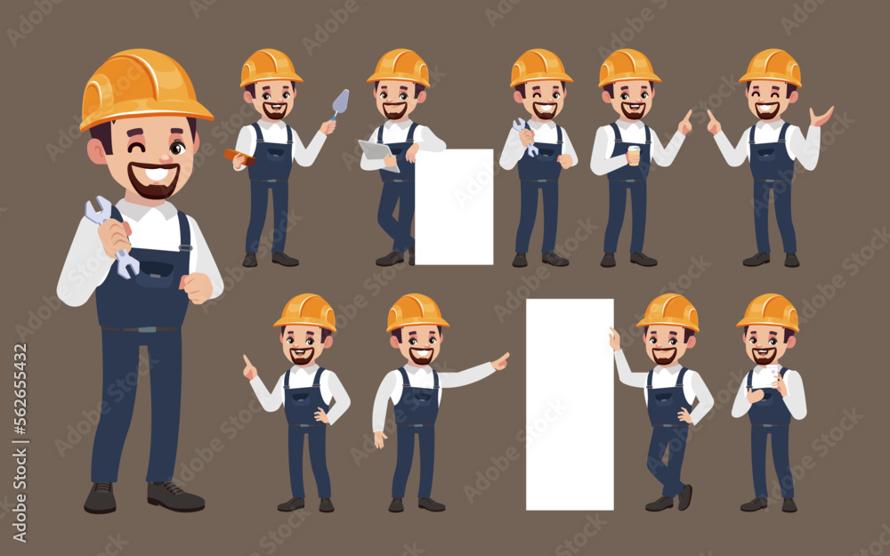 Set of worker with different poses