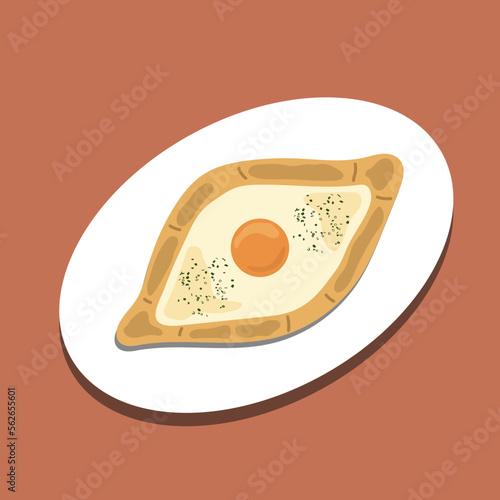 Food illustration, Traditional georgian pastry - adjarian khachapuri with cheese and raw yolk. Khachapuri with egg. Adjara khachapuri with ingredients. Georgian cuisine for poster design