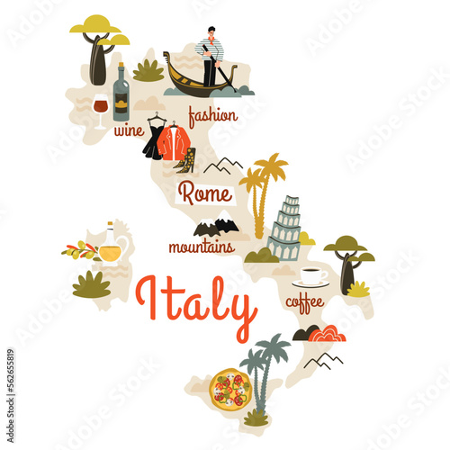Italy map hand drawn with doodle elements. Cultural landmarks and sights, national symbols, flora, tourist attractions, food, drink. Vector flat cartoon illustration for infographic, poster, banner