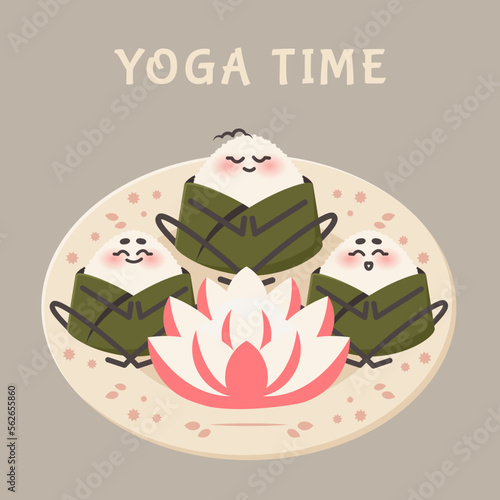 Cute onigiri in lotus pose meditating on plate. Asian food. Rice ball as japanese dish. Doodle drawn vector illustration for menu, poster, flyer, banner, cooking concept