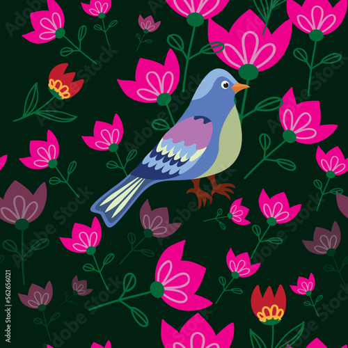 Vector seamless pattern with flowers and a bird.