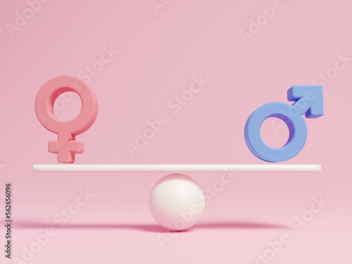 3D Gender Equality Seesaw Balance on isolated pink background, Male And Female Balancing icon. Equal Rights Banner. Women's Equality Day.	