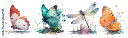 Safari Animal set butterflies of different colors and dragonfly in watercolor style. Isolated vector illustration