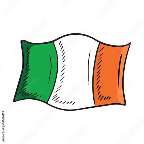 Green white and orange Ireland flag isolated on white background. Hand drawn vector sketch illustration in doodle engraved vintage outline style. Independence, policy, politics, economy, development.