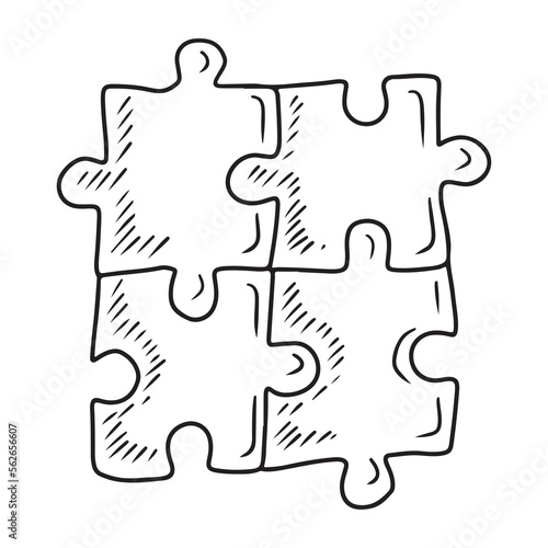 Four jigsaw puzzle on white background. Hand drawn vector sketch illustration in engraving doodle outline vintage line art style. children autism awareness day, team building, task, solution.